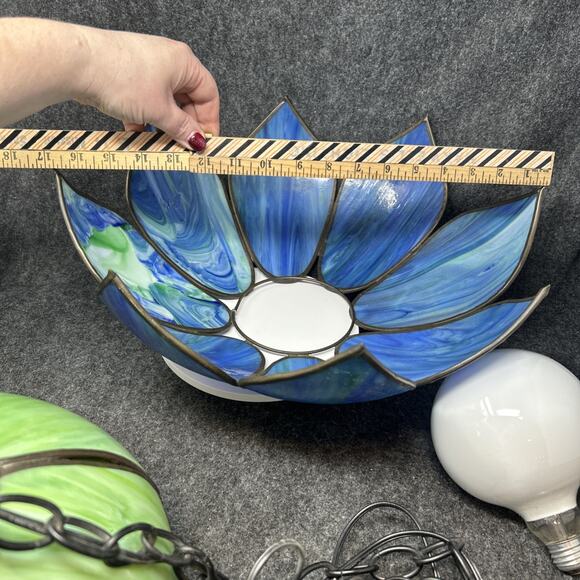 Vintage 1970s Stained Glass Chandelier Two Tier Slag Glass Hanging Lotus Flower - Picture 12 of 16